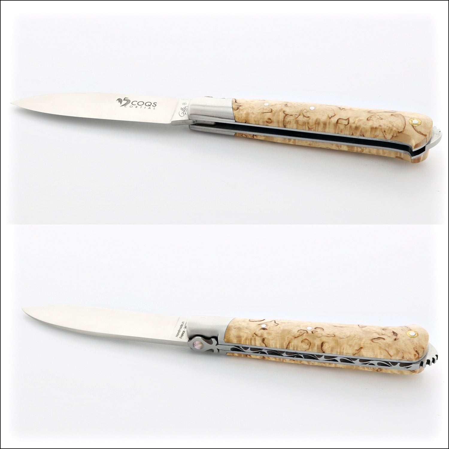 5 Coqs Pocket Knife - Karelian Birch & Mother of Pearl Inlay