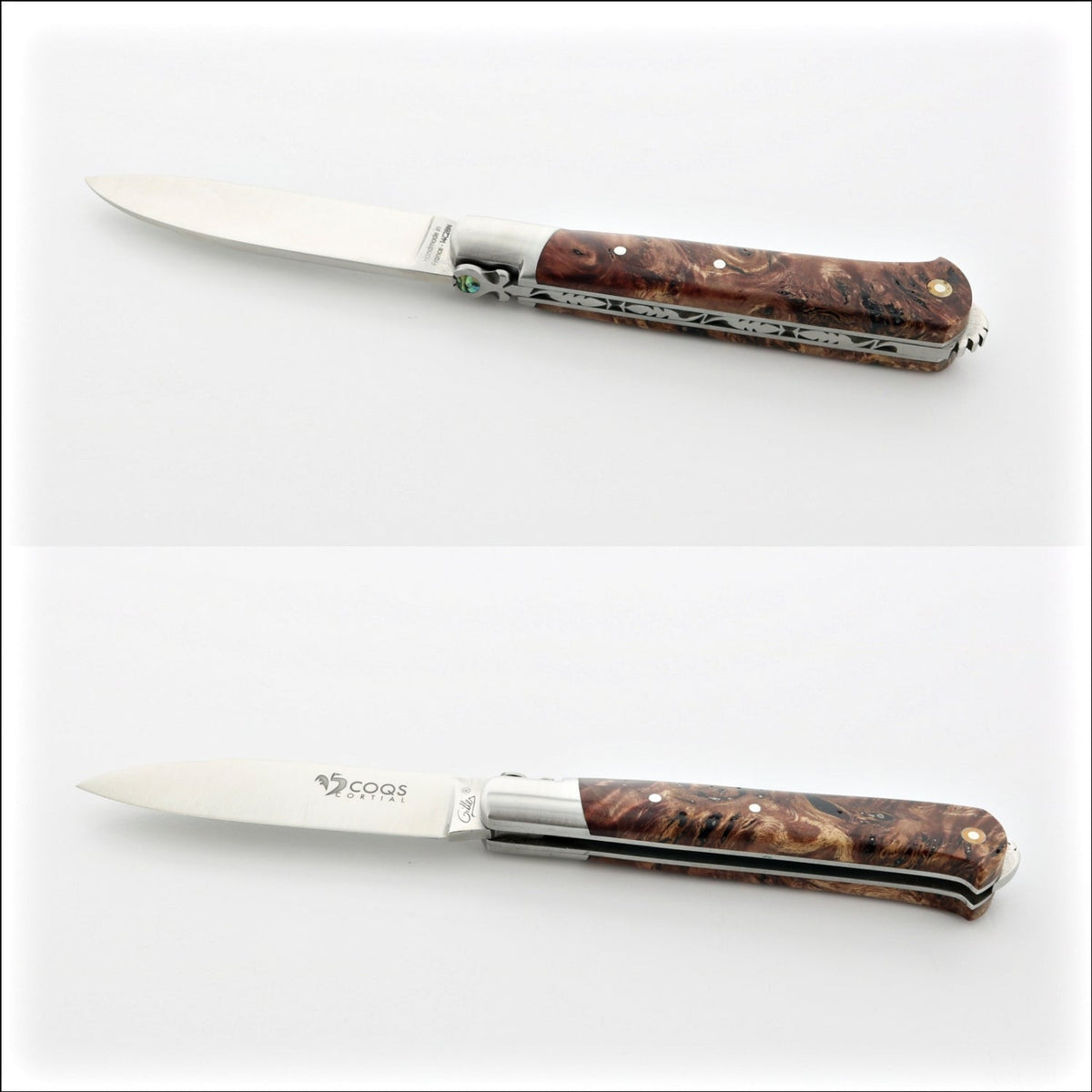 5 Coqs Pocket Knife - Maple Burl Handle &amp; Mother of Pearl Inlay