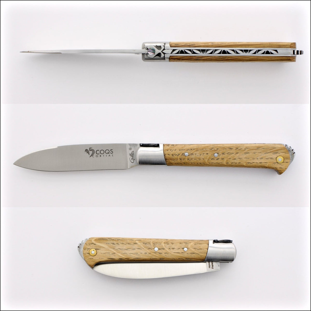 5 Coqs Pocket Knife - Oak Barrel Wood &amp; Mother of Pearl Inlay