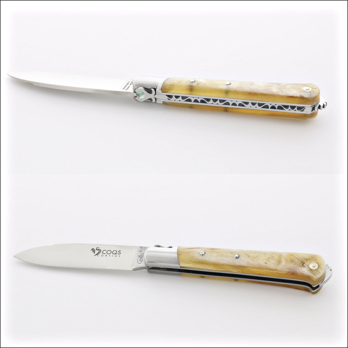 5 Coqs Pocket Knife - Ram Horn &amp; Mother of Pearl Inlay