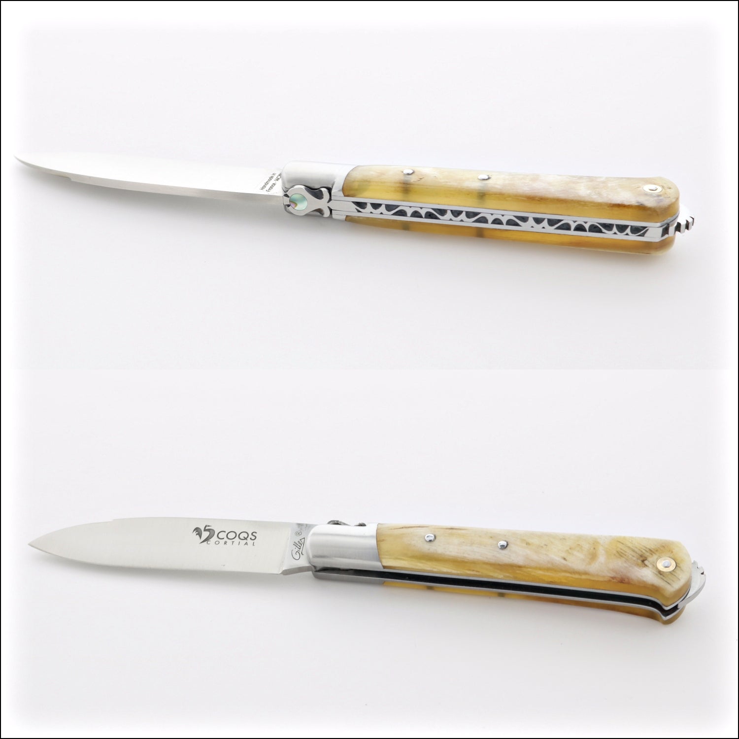5 Coqs Pocket Knife - Ram Horn & Mother of Pearl Inlay