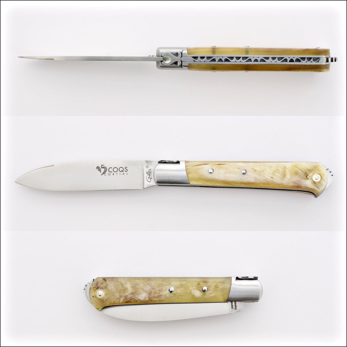 5 Coqs Pocket Knife - Ram Horn &amp; Mother of Pearl Inlay