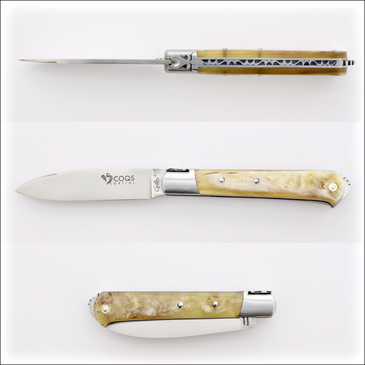 5 Coqs Pocket Knife - Ram Horn & Mother of Pearl Inlay