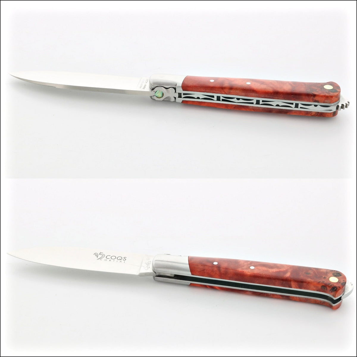 5 Coqs Pocket Knife - Red Stabilized Poplar Burl &amp; Mother of Pearl Inlay