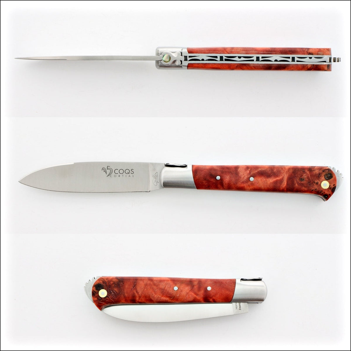 5 Coqs Pocket Knife - Red Stabilized Poplar Burl &amp; Mother of Pearl Inlay