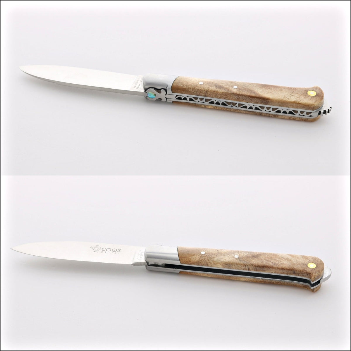 5 Coqs Pocket Knife - Stabilized Poplar Burl &amp; Mother of Pearl Inlay
