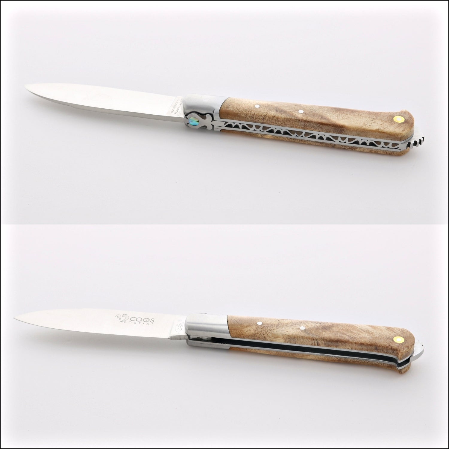 5 Coqs Pocket Knife - Stabilized Poplar Burl & Mother of Pearl Inlay