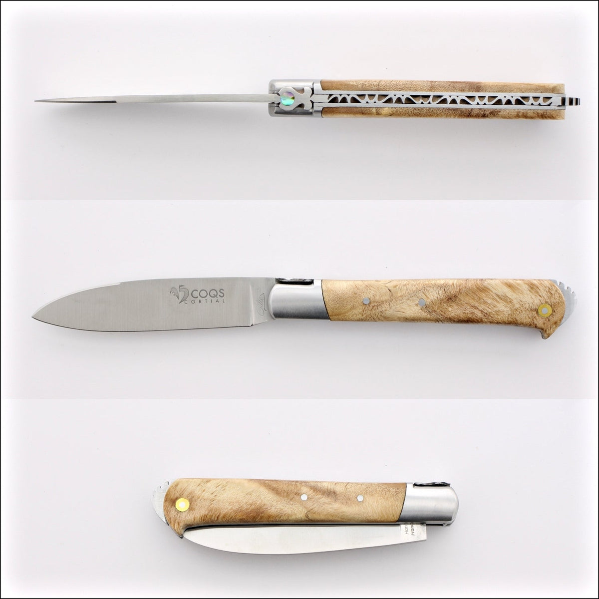 5 Coqs Pocket Knife - Stabilized Poplar Burl &amp; Mother of Pearl Inlay