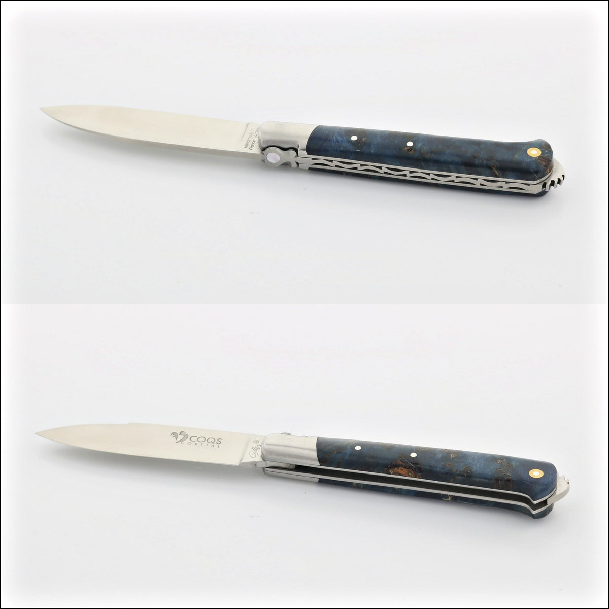 5 Coqs Pocket Knife, close-up of blue stabilized poplar burl handle with mother of pearl inlay. Handcrafted details, 100% Made in France.