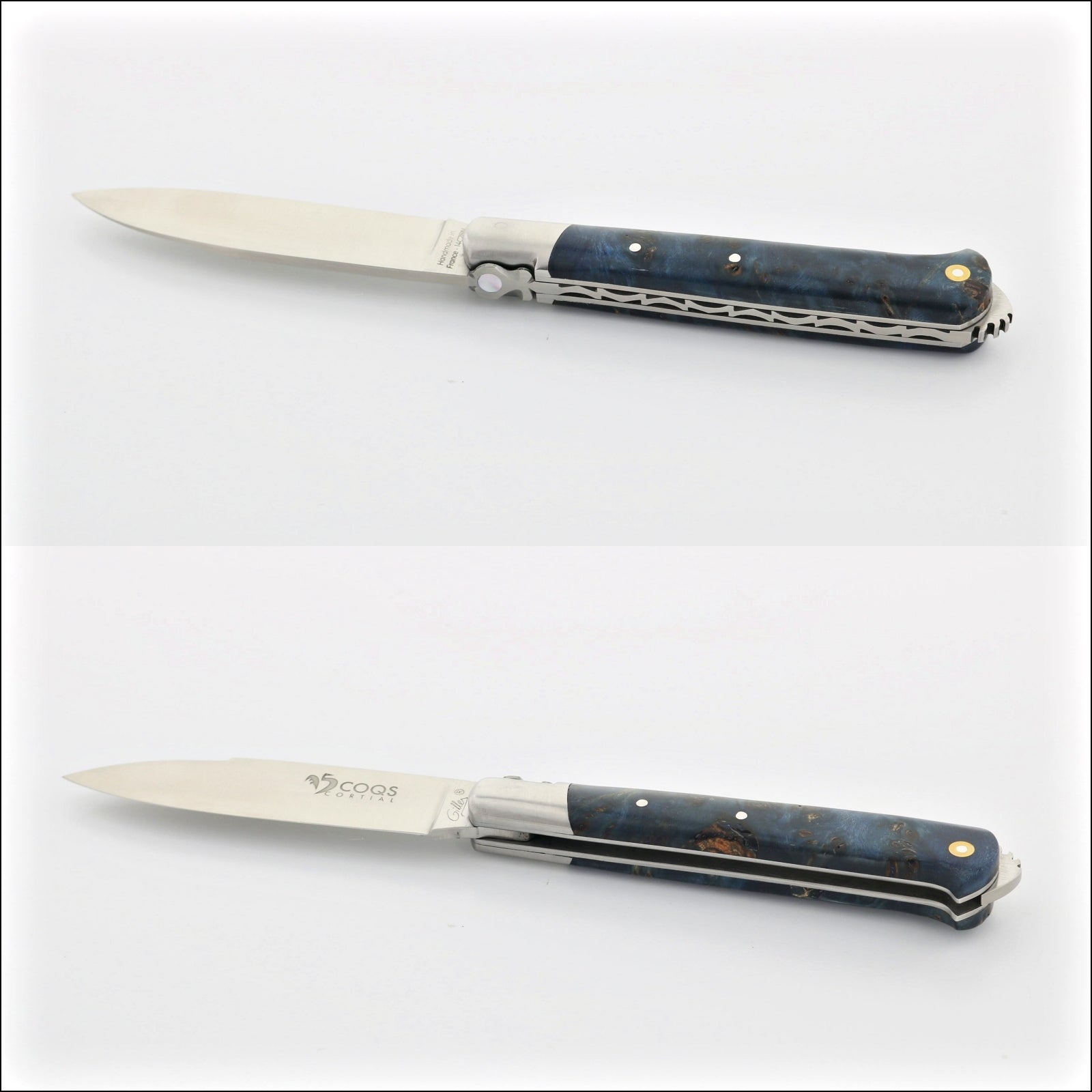5 Coqs Pocket Knife, top-down and side views, blue stabilized poplar burl & mother of pearl inlay. Handcrafted details, 100% Made in France.