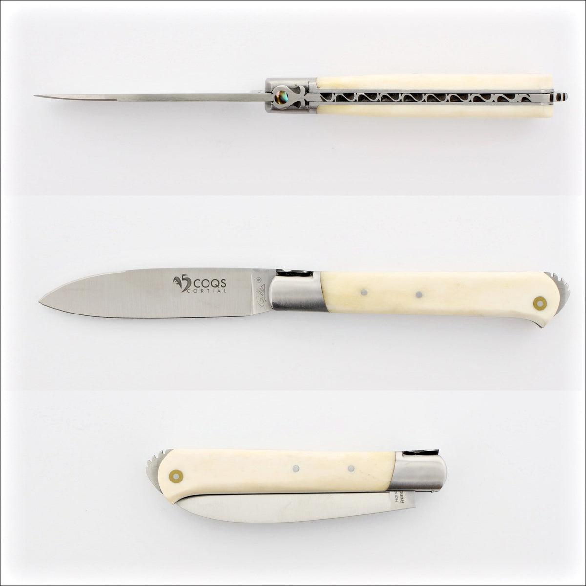 5 Coqs Pocket Knife, top-down view of open knife with cattle bone handle and mother of pearl inlay. Handcrafted details, 100% Made in France.