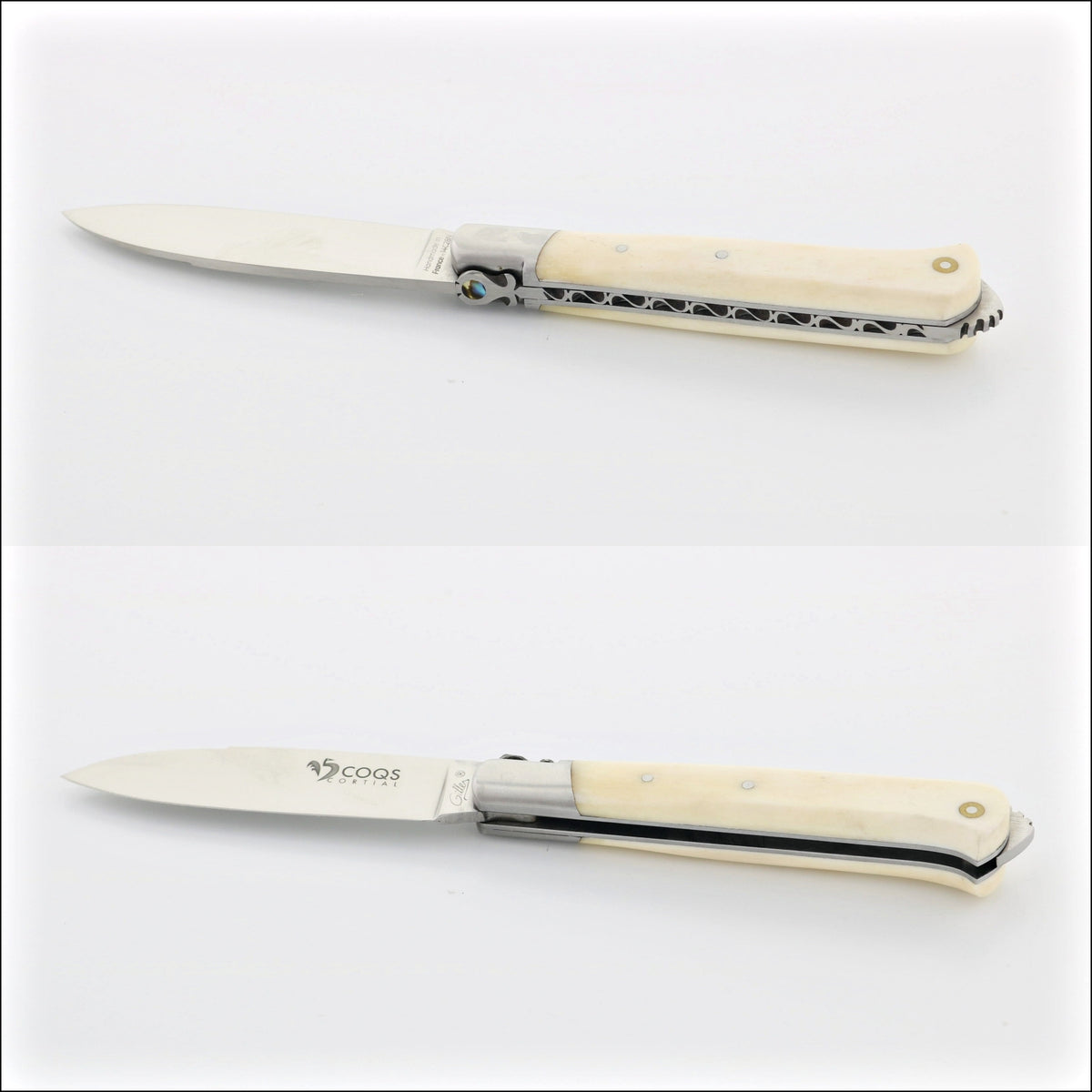 5 Coqs Pocket Knife, top-down view of handle. Cattle bone & mother of pearl inlay. Handcrafted details, 100% Made in France.