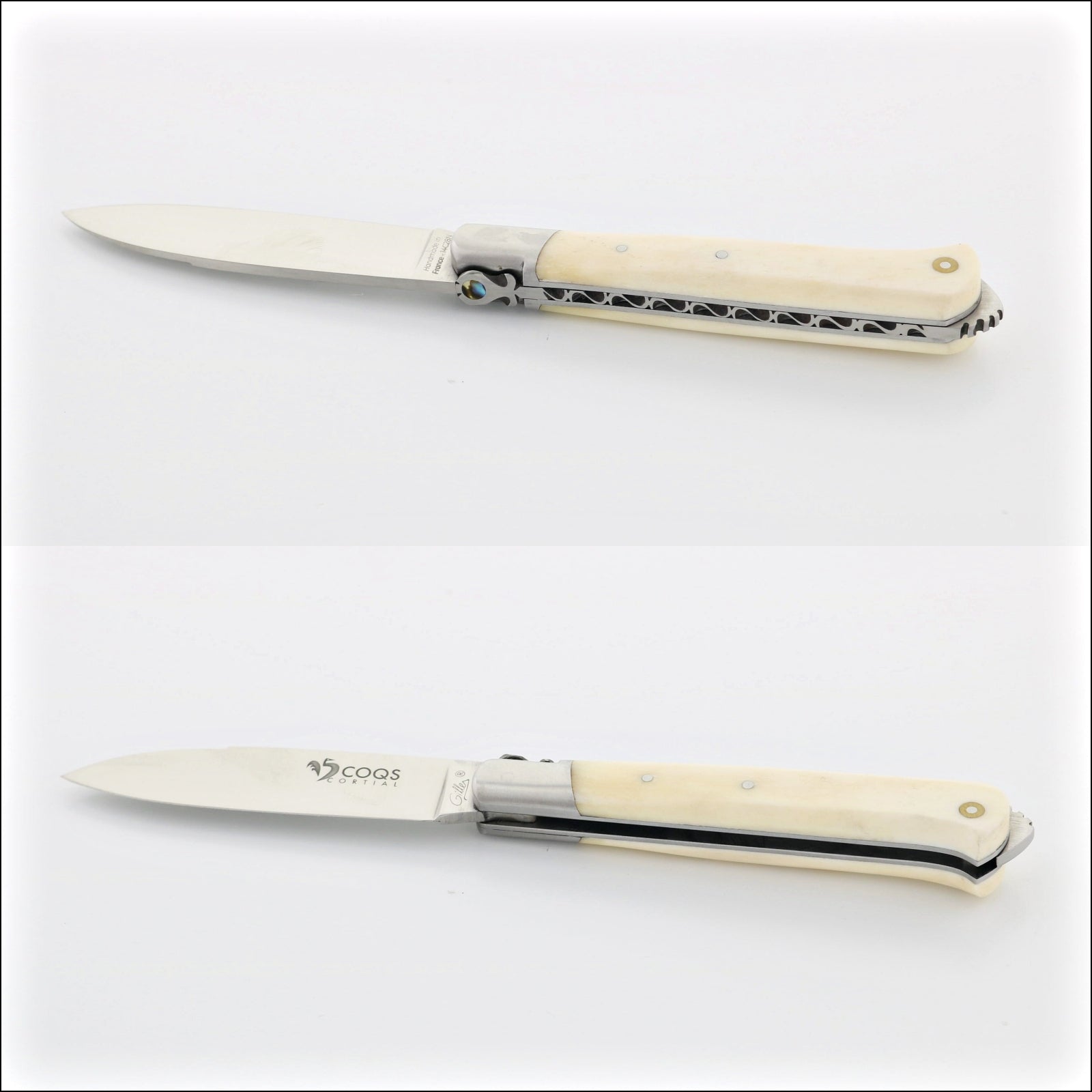 5 Coqs Pocket Knife, top-down view of open knife with cattle bone handle and mother of pearl inlay. Handcrafted details, 100% Made in France.