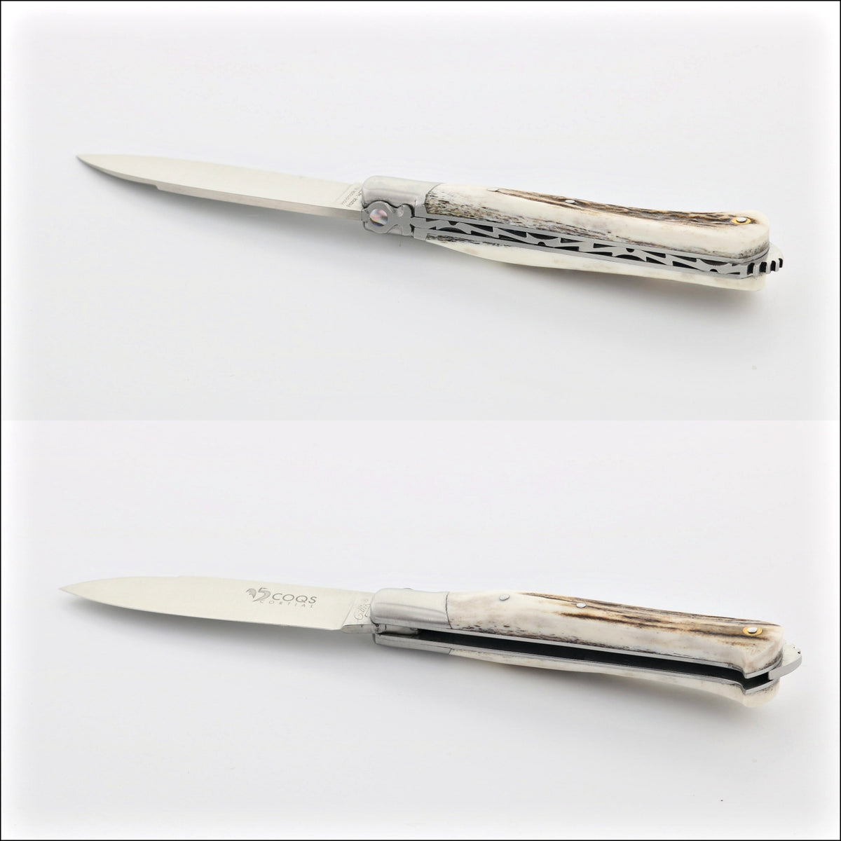 5 Coqs Pocket Knife, close-up of deer stag handle with mother of pearl inlay. Handcrafted details, 100% Made in France.