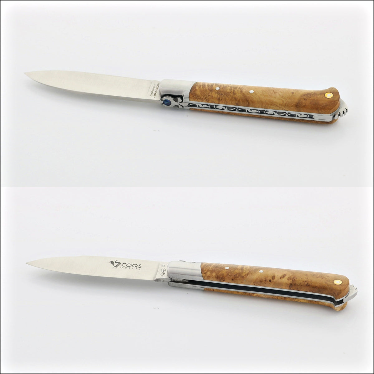 5 Coqs Pocket Knife, close-up of maple burl handle with mother of pearl inlay. Handcrafted details, 100% Made in France.