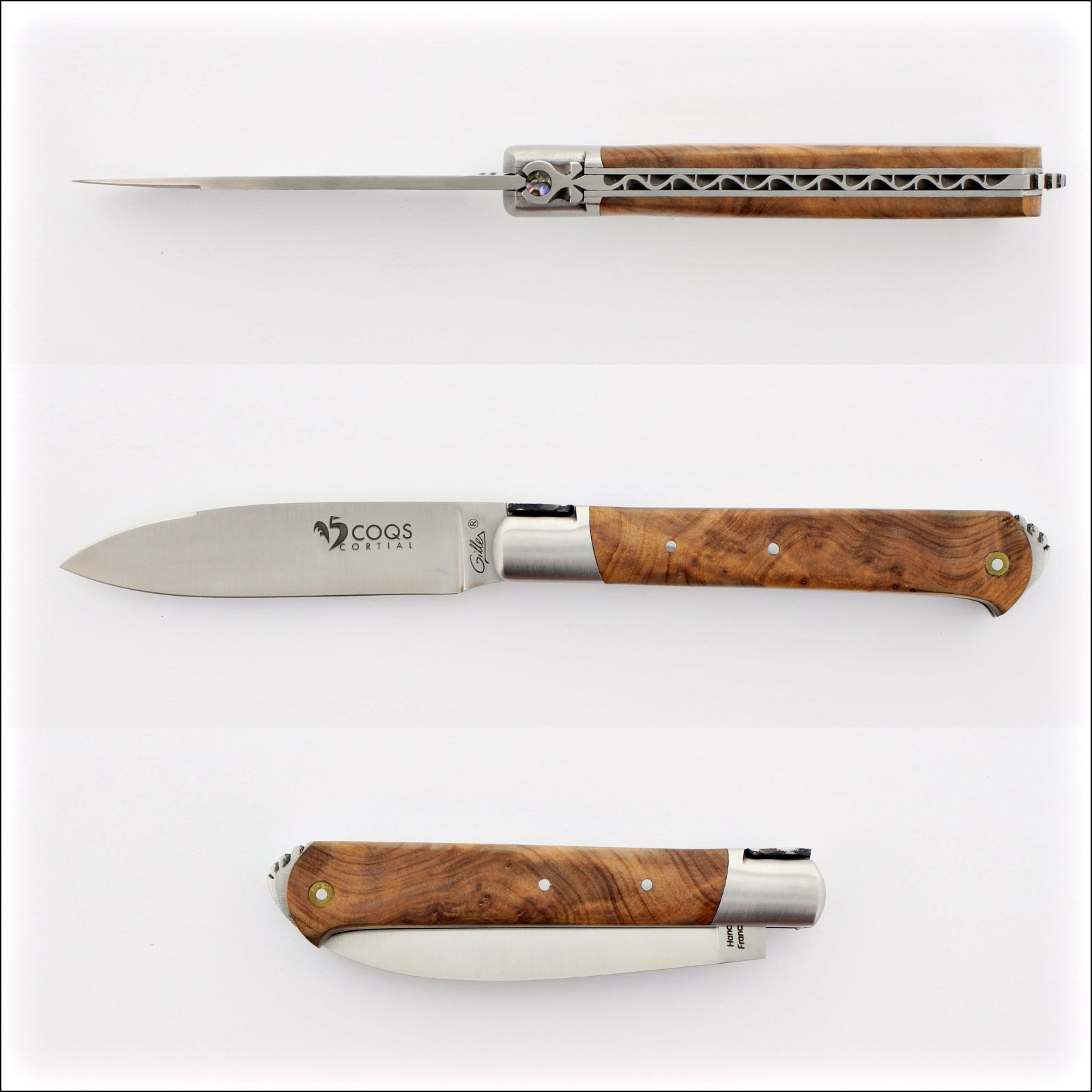 5 Coqs Pocket Knife, Thuya wood handle detail. Handcrafted details, 100% Made in France.