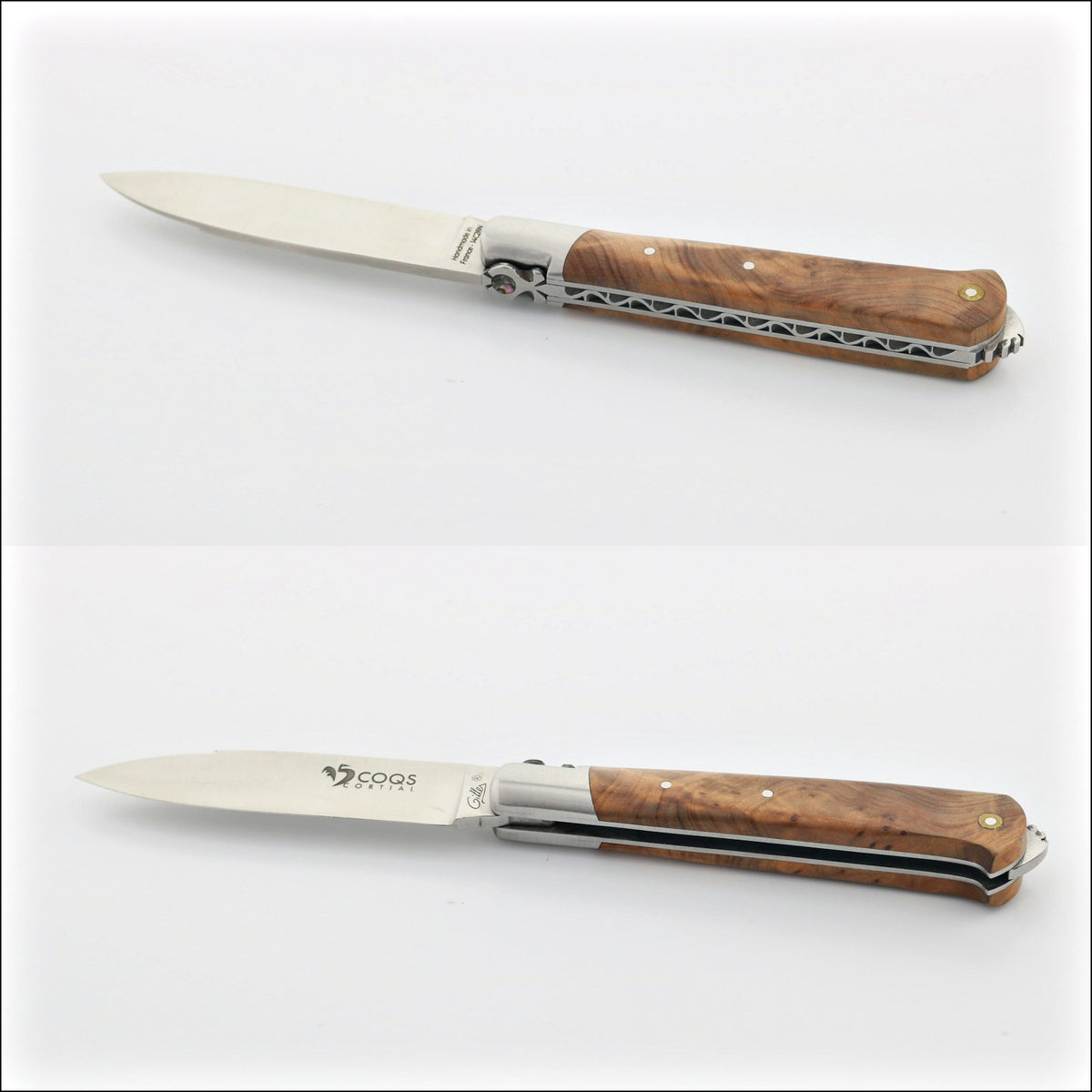 5 Coqs Pocket Knife, Thuya & Mother of Pearl inlay handle detail. Handcrafted details, 100% Made in France.