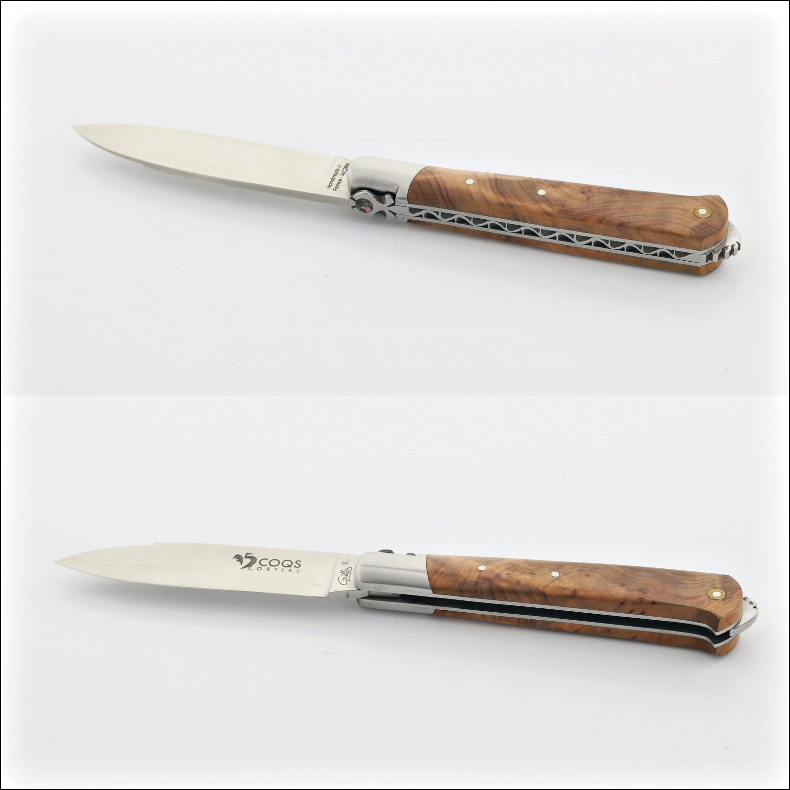 5 Coqs Pocket Knife, Thuya wood handle detail. Handcrafted details, 100% Made in France.