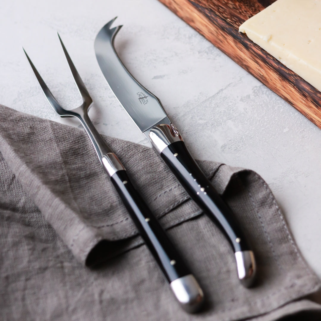 Forge de Laguiole Tradition Cheese Set - Black Horn Tip - Shiny Finish