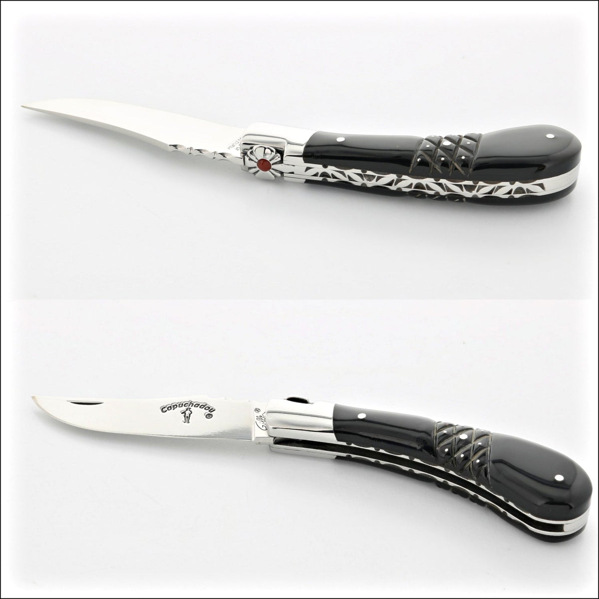 Capuchadou 10 cm Folding knife Guilloché &amp; Studded Black Horn Tip