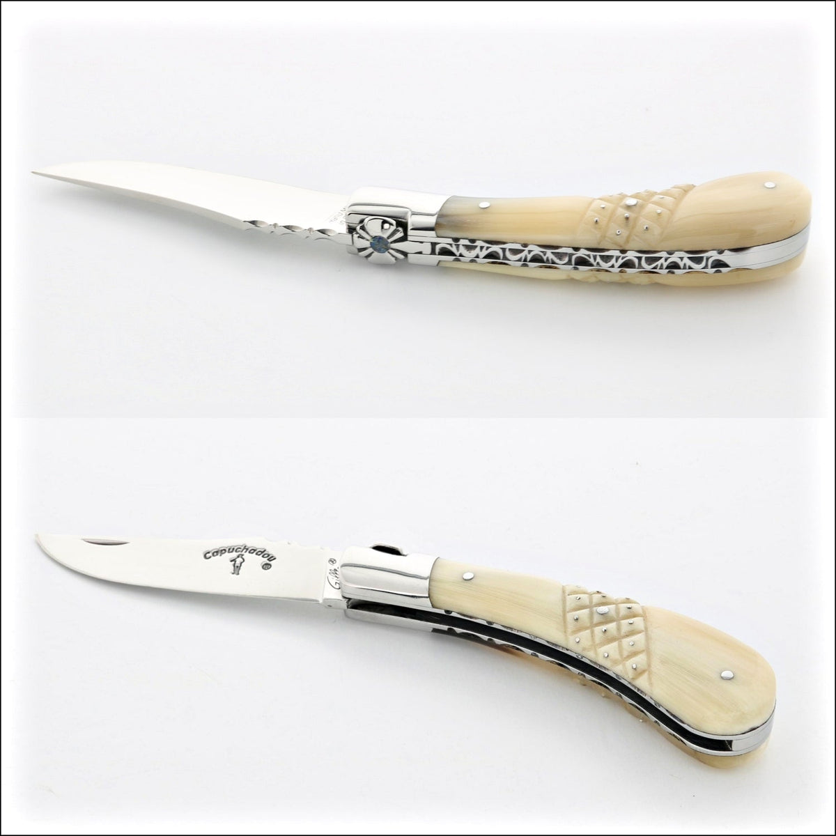 Capuchadou 10 cm Folding knife Guilloché &amp; Studded Horn Tip