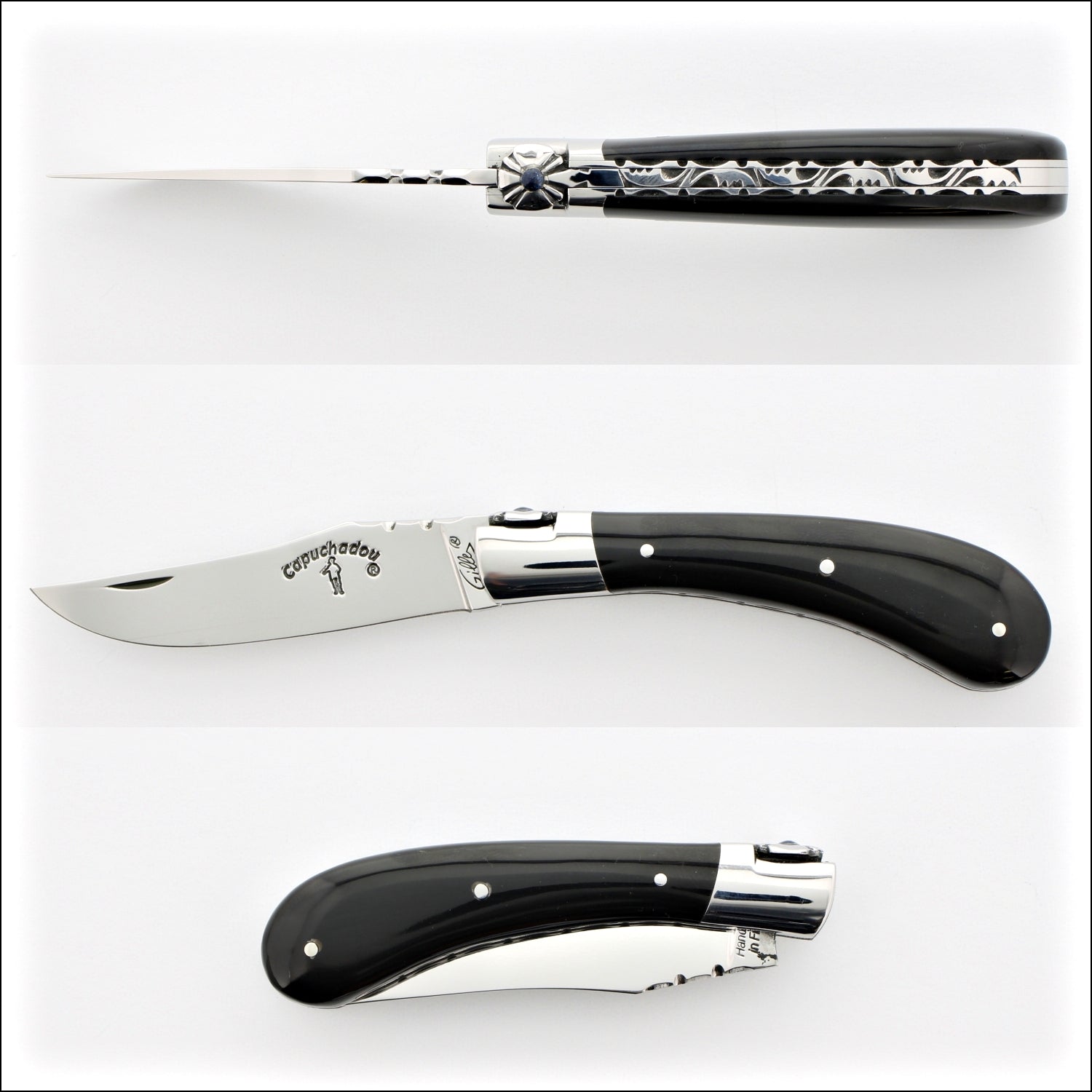Capuchadou 10 cm Guilloche Folding Knife Black Horn Tip Handle