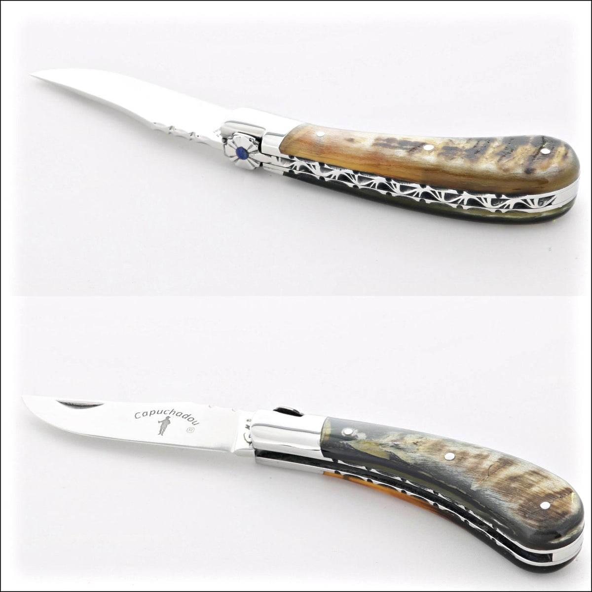 Capuchadou 10 cm Guilloche Folding Knife Dark Ram Horn Tip Handle