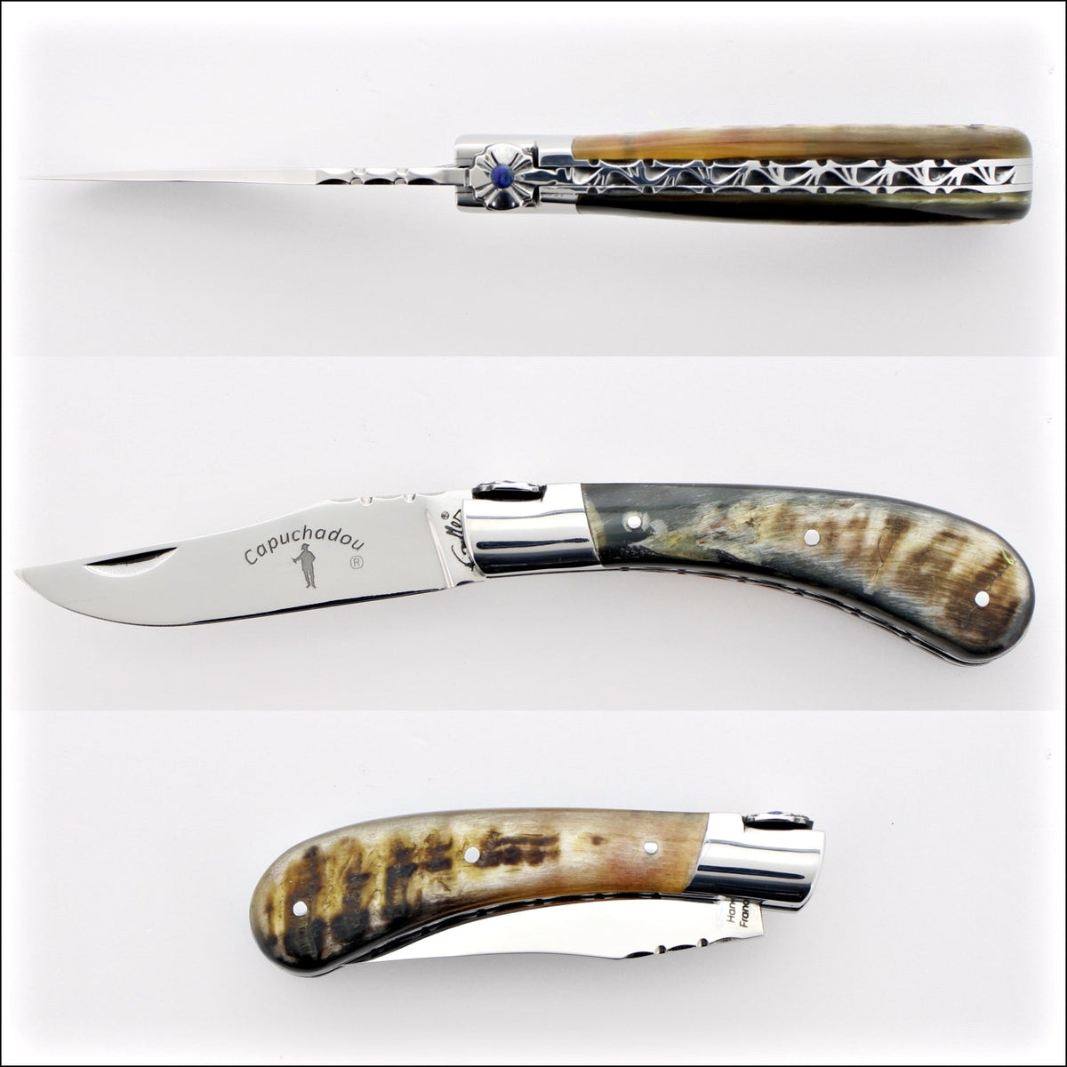 Capuchadou 10 cm Guilloche Folding Knife Dark Ram Horn Tip Handle