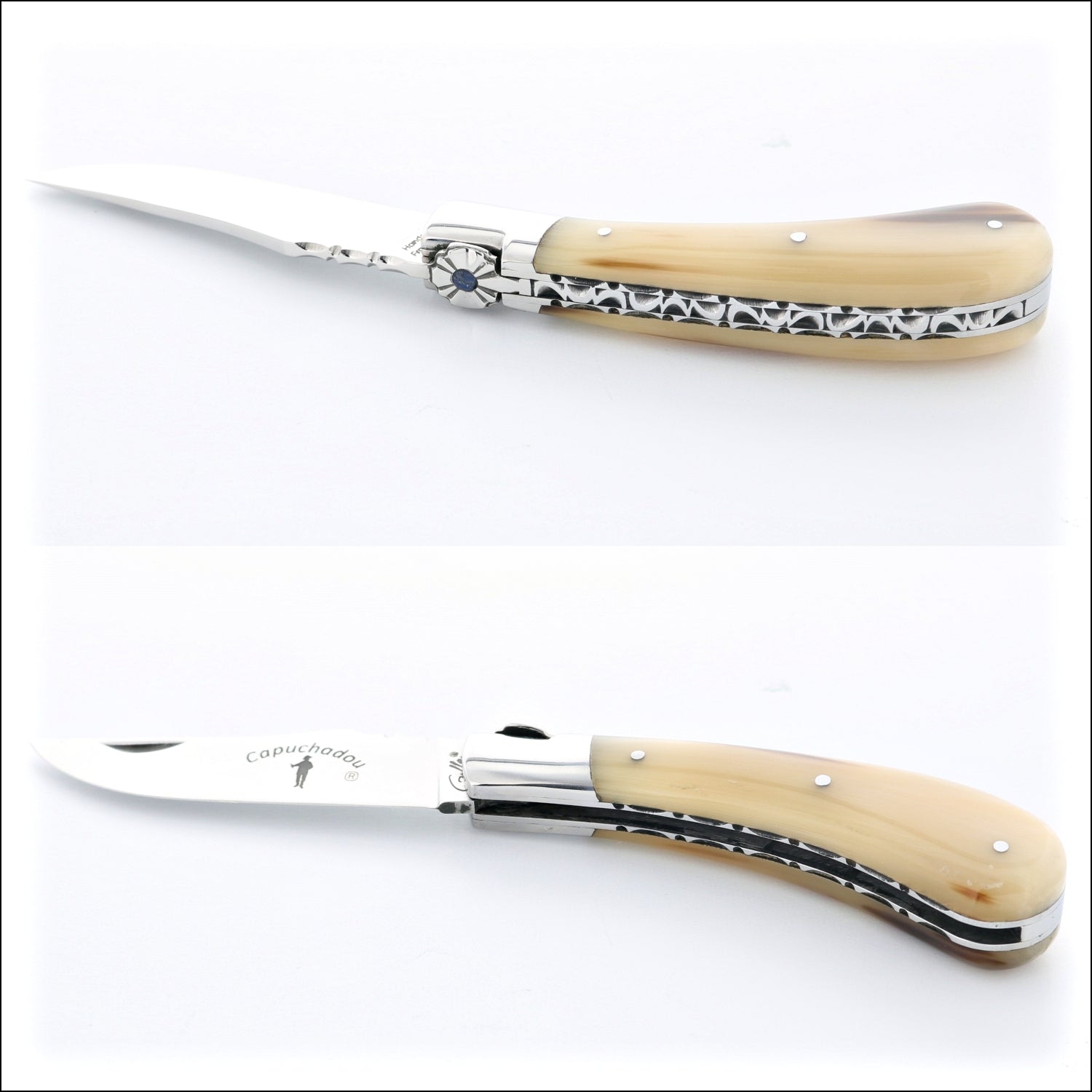 Capuchadou 10 cm Guilloche Folding Knife Horn Tip Handle