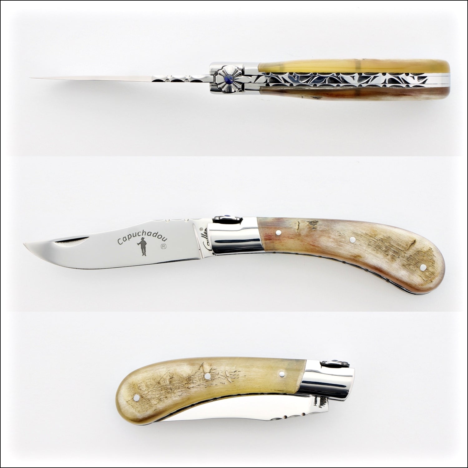 Capuchadou 10 cm Guilloche Folding Knife Ram Horn Tip Handle