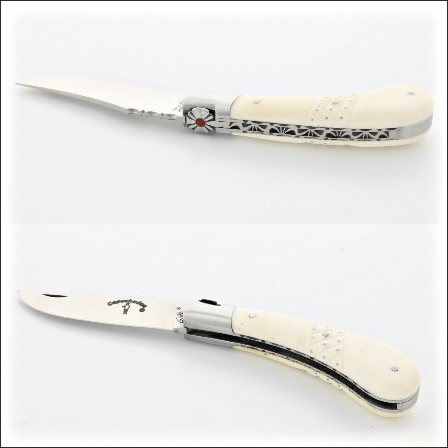 Capuchadou 10 cm Guilloche Folding Knife Studded Bone Handle