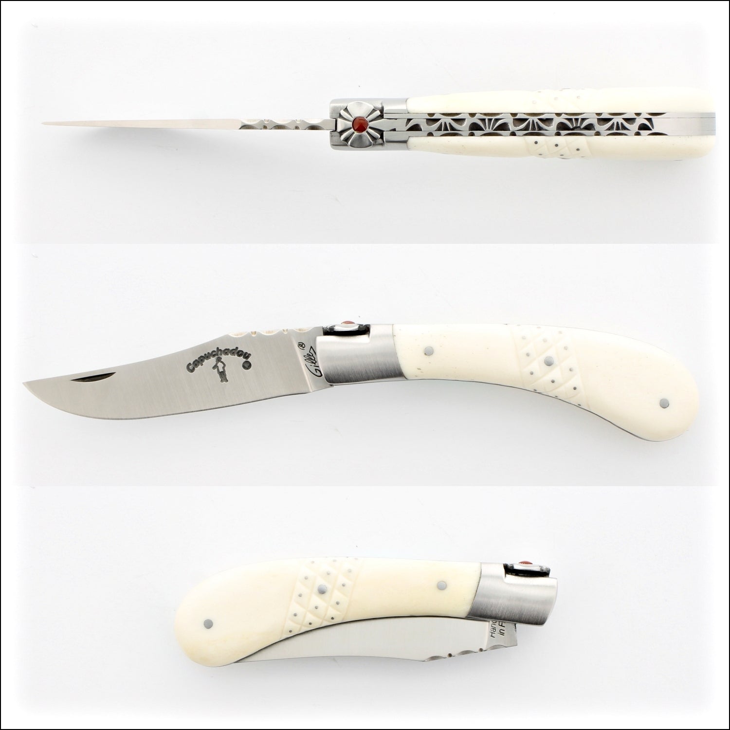 Capuchadou 10 cm Guilloche Folding Knife Studded Bone Handle