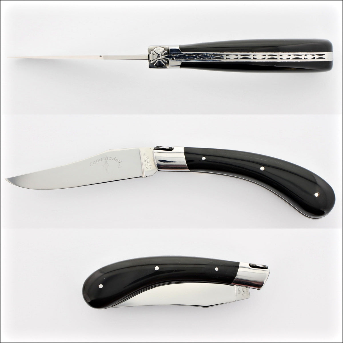 Capuchadou 12 cm Classic Folding Knife - Black Horn Tip, top, side, and closed views. Handcrafted details, 100% Made in France.