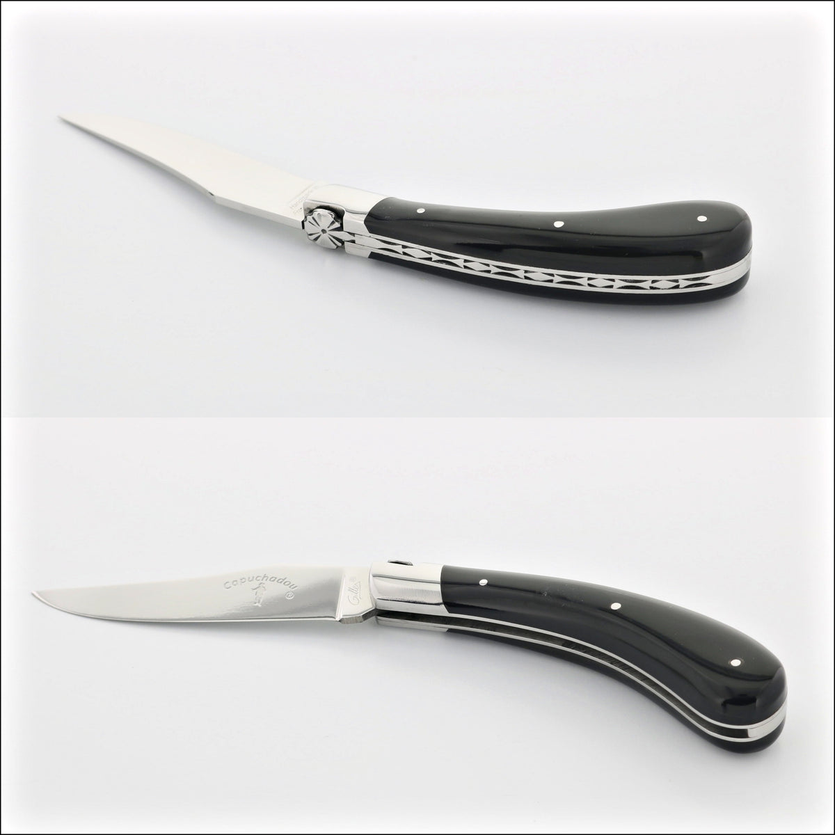Capuchadou 12 cm Classic Folding Knife - Black Horn Tip, close-up side view. Handcrafted details, 100% Made in France.