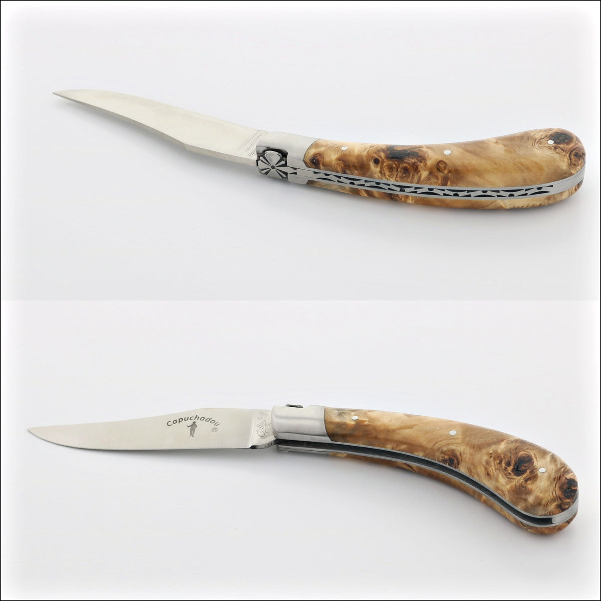 Capuchadou 12 cm Classic Folding Knife - Poplar Burl. Close-up, side view of the knife with a light wood handle. Handcrafted details, 100% Made in France.