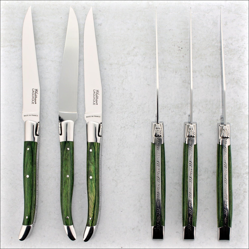 Chateau Laguiole Heritage Steak Knives Green Stamina Wood - Shiny
