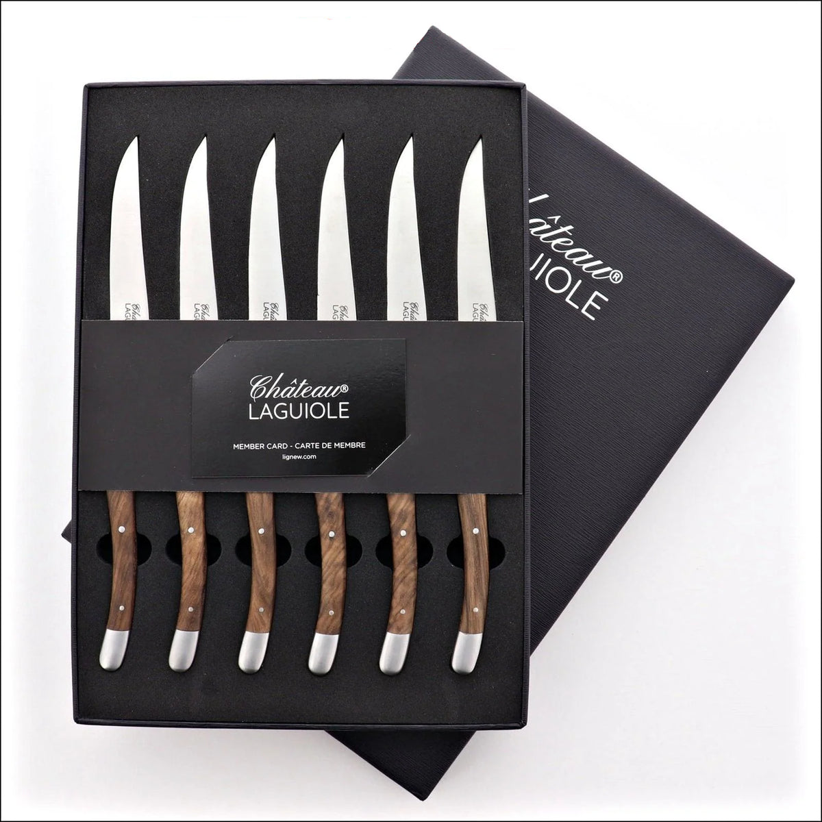 Set of steak knives in a Château Laguiole packaging on a white background
