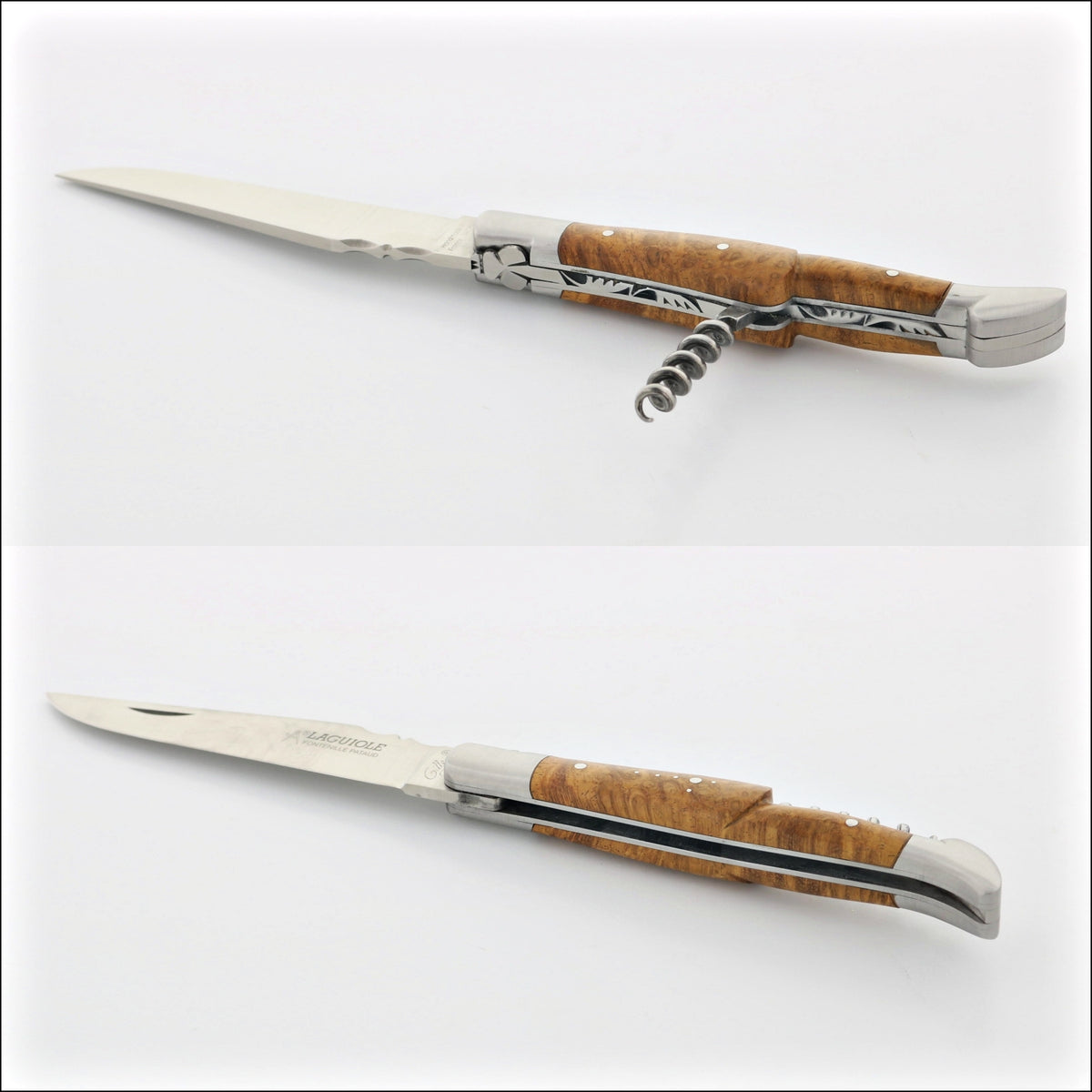 Classic Laguiole Corkscrew Knife Amboyna Burl, side view with corkscrew extended. Handcrafted details, 100% Made in France.