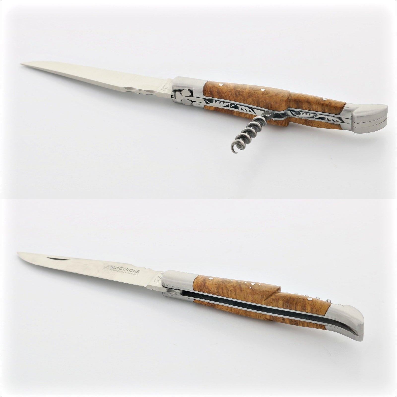 Classic Laguiole Corkscrew Knife Amboyna Burl, side view, open and closed. Handcrafted details, 100% Made in France.