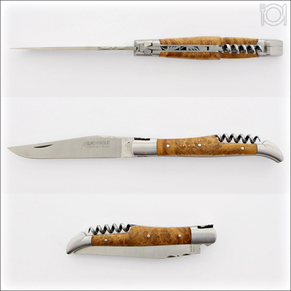 Classic Laguiole Corkscrew Knife Amboyna Burl, side view, open and closed. Handcrafted details, 100% Made in France.