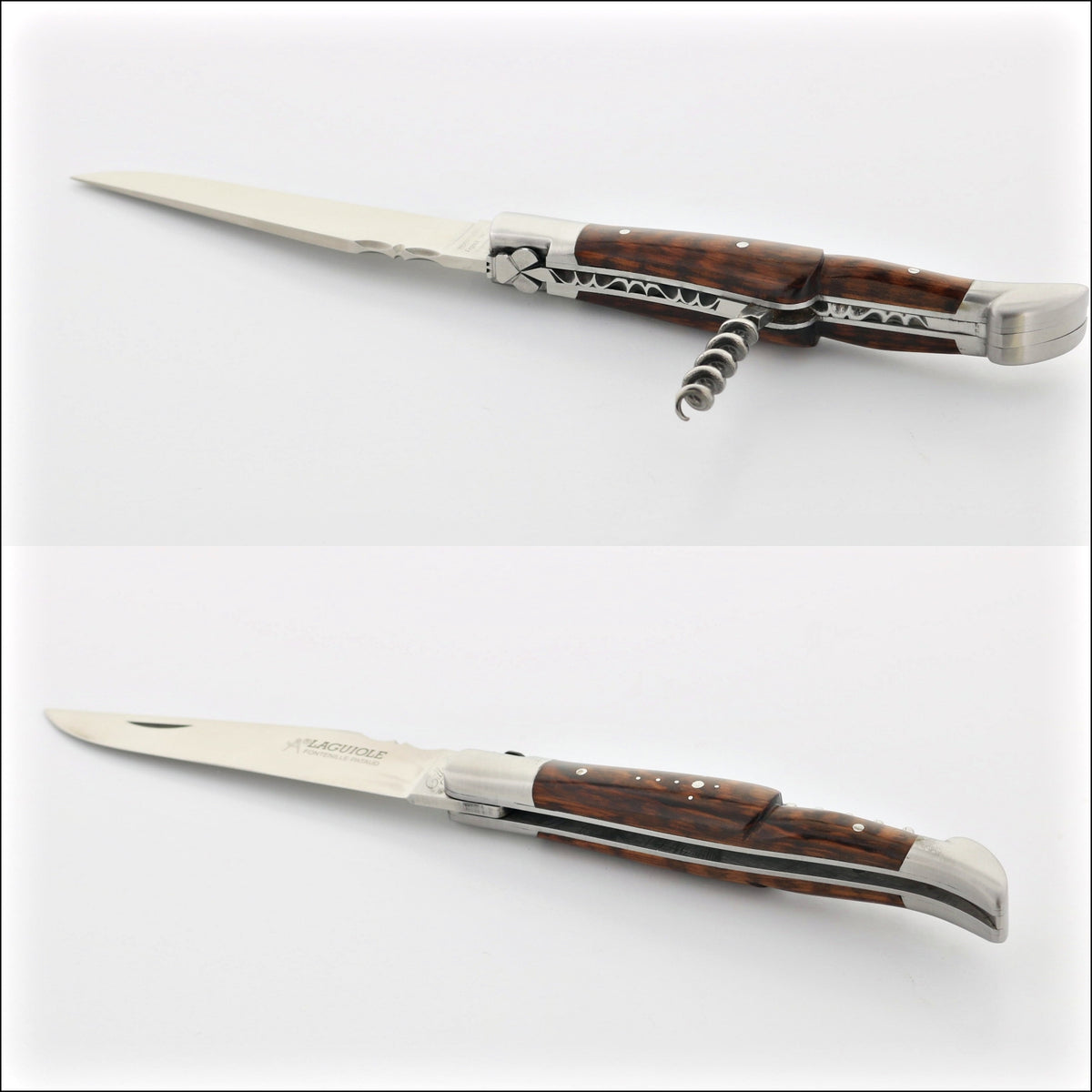 Classic Laguiole Corkscrew Knife Amourette Handle, side view with corkscrew extended. Handcrafted details, 100% Made in France.
