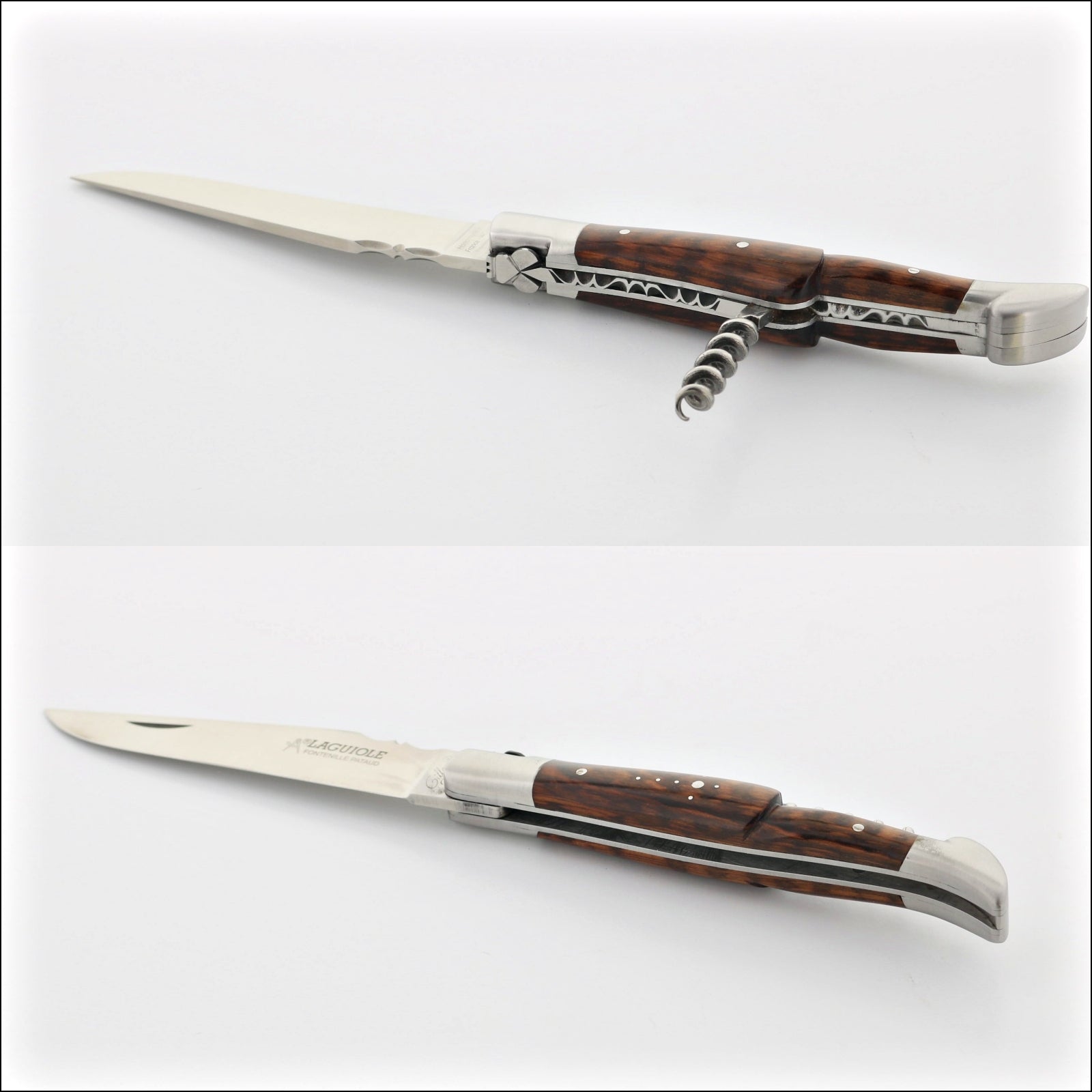Classic Laguiole Corkscrew Knife Amourette Handle, top-down view of open blade and corkscrew. Handcrafted details, 100% Made in France.