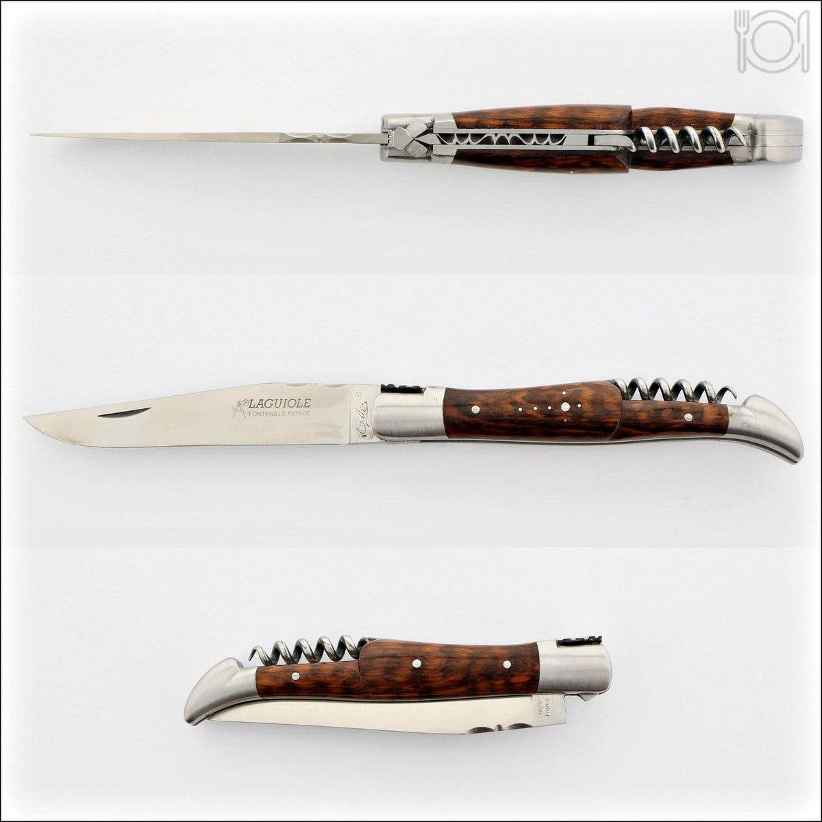 Classic Laguiole Corkscrew Knife Amourette Handle, top-down view of open blade and corkscrew. Handcrafted details, 100% Made in France.