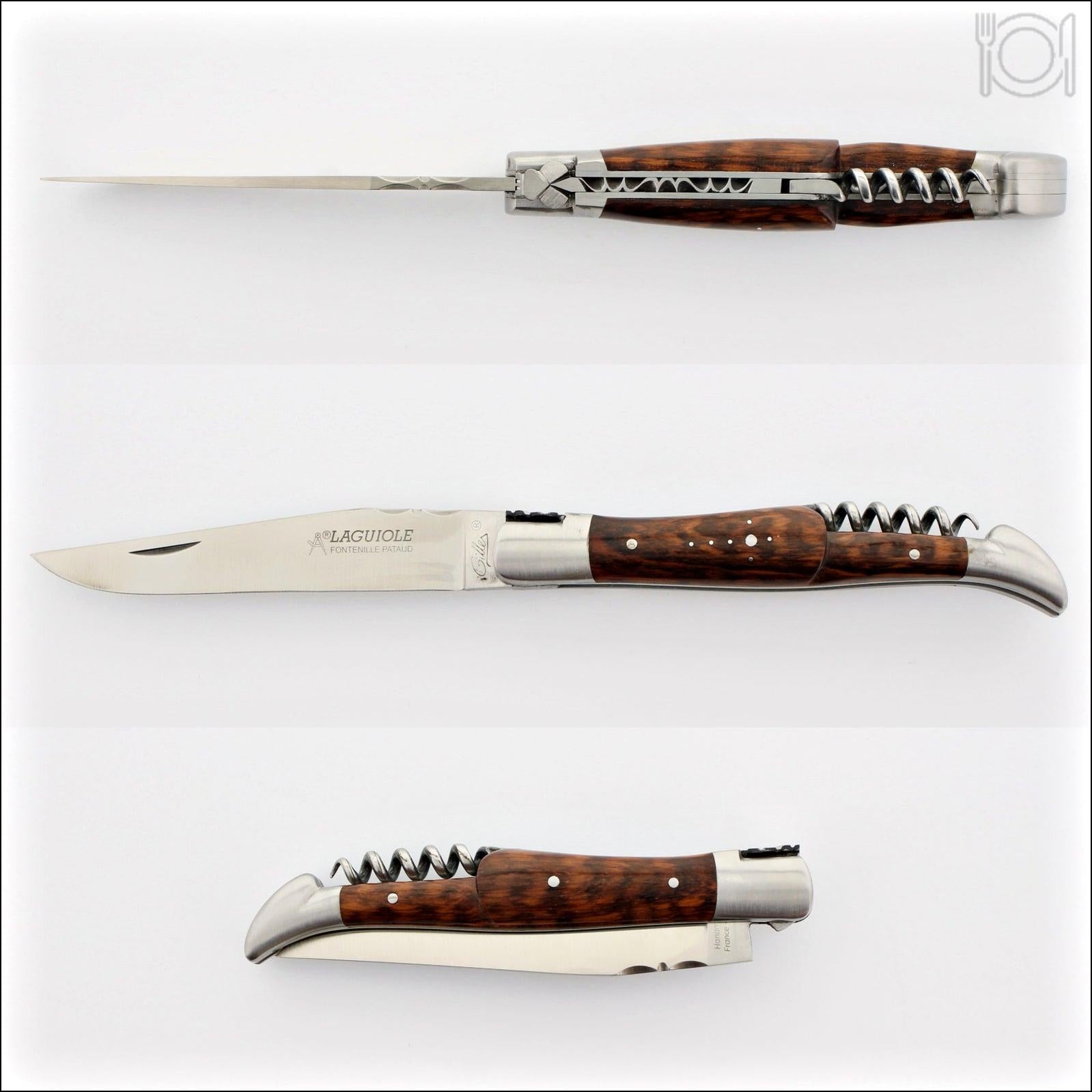 Classic Laguiole Corkscrew Knife Amourette Handle, top-down view of open blade and corkscrew. Handcrafted details, 100% Made in France.