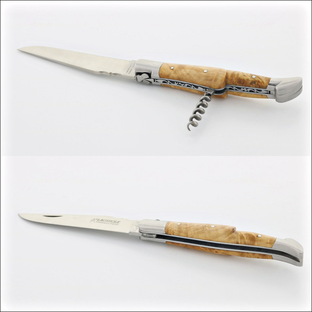 Classic Laguiole Corkscrew Knife Burled Maple, close-up of the handle and corkscrew. Handcrafted details, 100% Made in France.