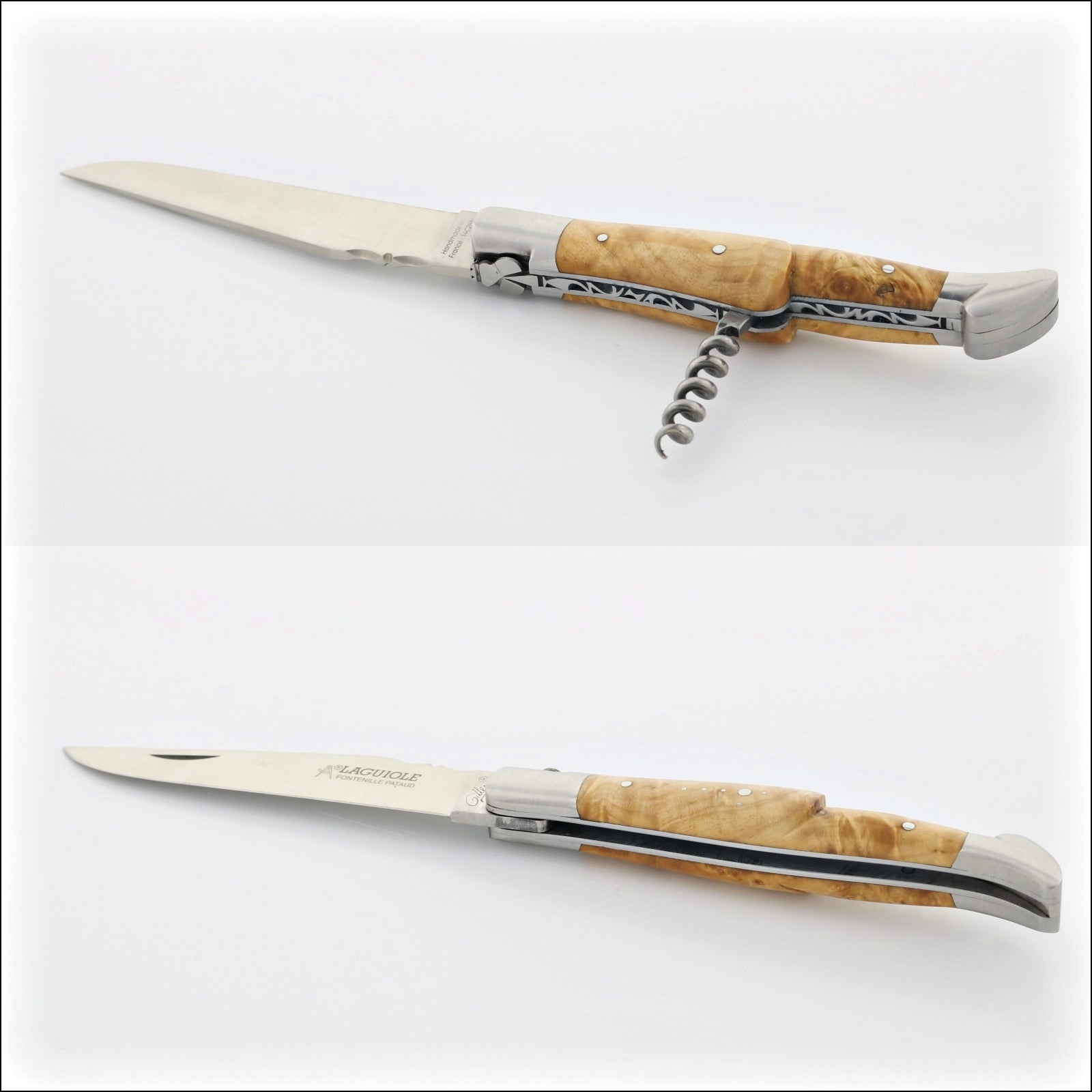 Classic Laguiole Corkscrew Knife Burled Maple, open blade and corkscrew, side view, and folded. Handcrafted details, 100% Made in France.