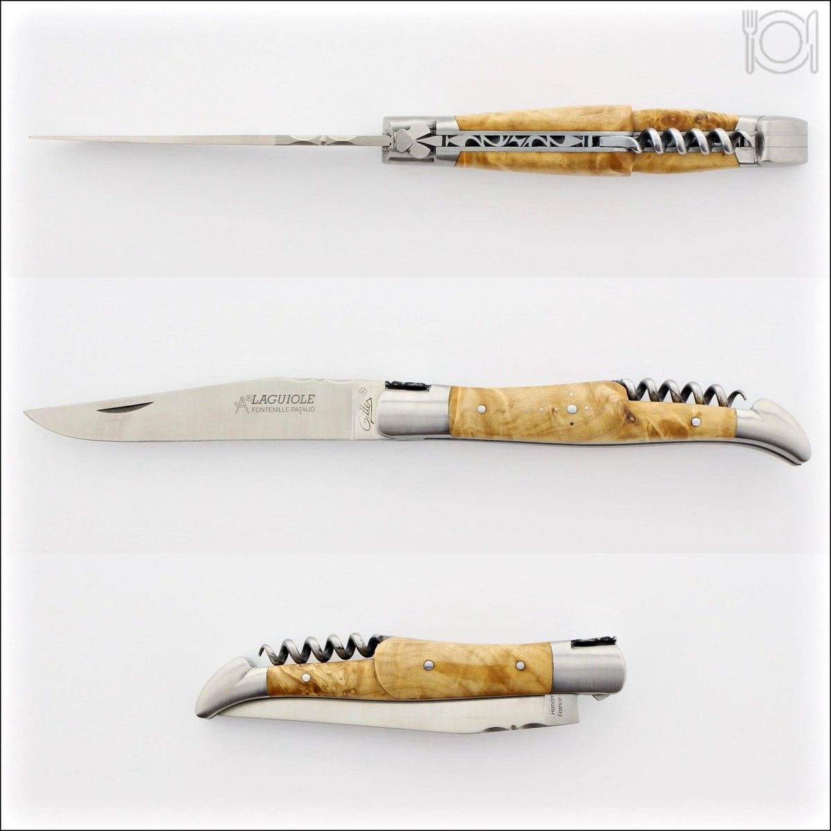 Classic Laguiole Corkscrew Knife Burled Maple, open blade and corkscrew, side view, and folded. Handcrafted details, 100% Made in France.