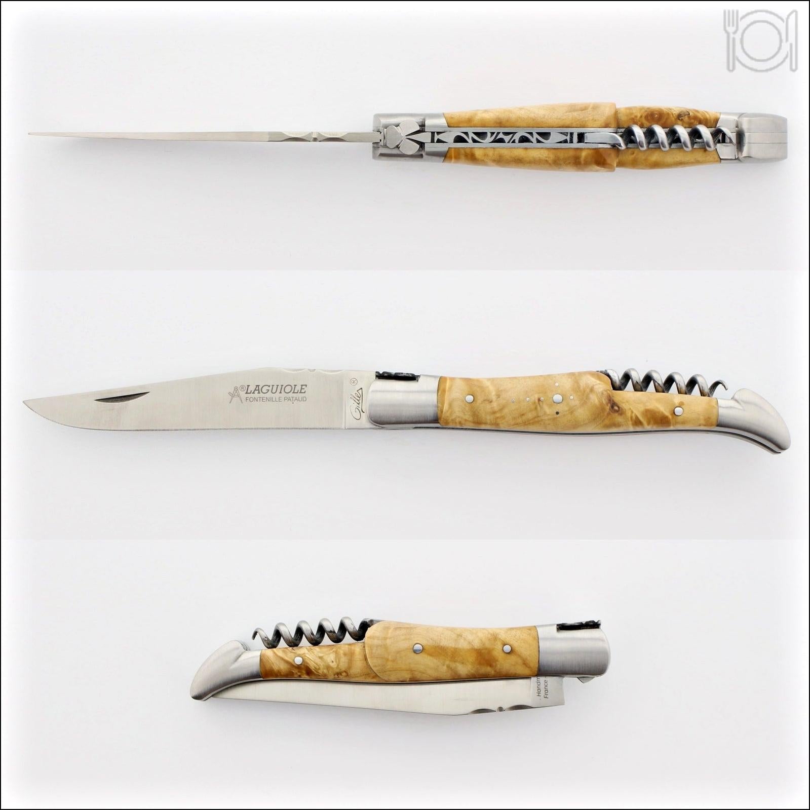 Classic Laguiole Corkscrew Knife Burled Maple, open blade and corkscrew, side view, and folded. Handcrafted details, 100% Made in France.