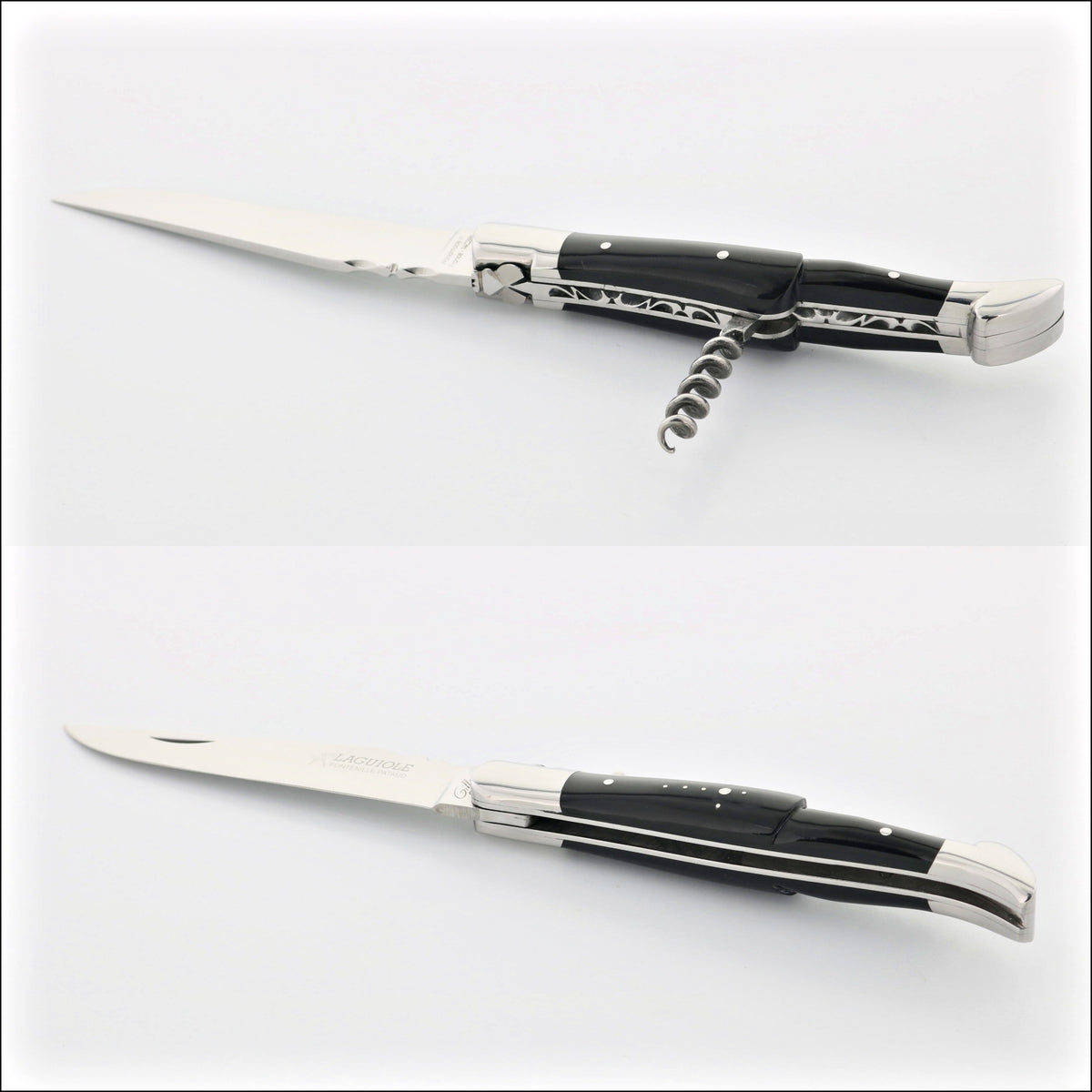 Classic Laguiole Corkscrew Knife Dark Horn Tip Handle, open with corkscrew extended. Handcrafted details, 100% Made in France.