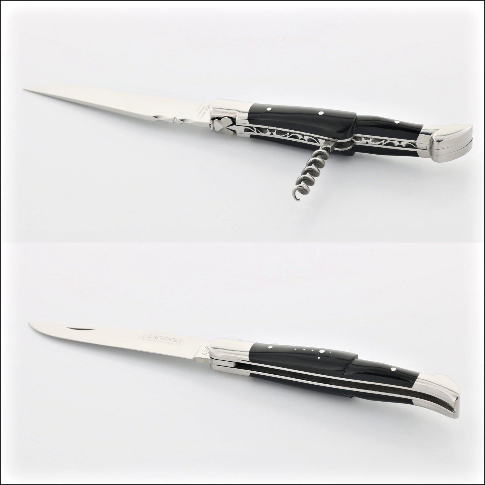 Classic Laguiole Corkscrew Knife Dark Horn Tip Handle, side view of open and closed knife. Handcrafted details, 100% Made in France.